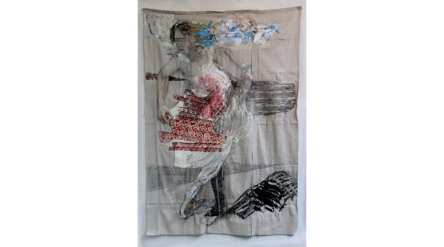 Jeanne Ciravolo, Becoming/ Unbecoming, 2019. Mixed media collage, with block print of sheela na gig, on drop cloth, 68 x 47 in.