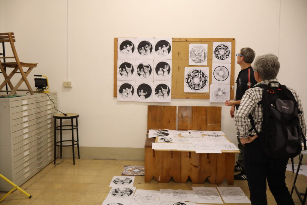 UGA Cortona Director Chris Robinson and Lamar Dodd School of Art Director Joseph Peragine explore artworks in the UGA Cortona studios, October 2024.