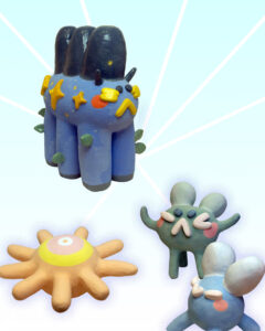 Assorted soft sculptures of bold and bright figurines on light blue background.